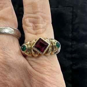 David Yurman sterling and 14k gold pinky ring with emeralds and ruby